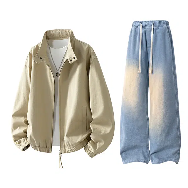 【水洗外套裤子一套】布客行 翻领设计防风扣美式复古高街落肩上衣夹克直筒做旧微喇基础款松紧腰抽绳牛仔裤休闲运动套装 男女同款