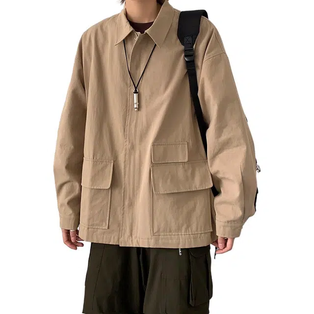 冈哉  美式秋季韩系多袋工装翻领痞帅个性潮流潮牌时尚慵懒感日常通勤柔软舒适亲肤夹克 男女同款