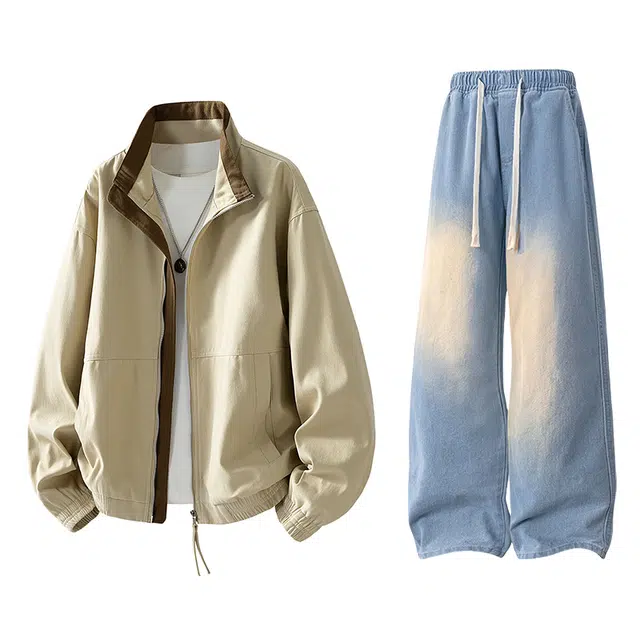 【水洗棉外套裤子一套】布客行 假两件翻领美式复古高街上衣夹克直筒做旧微喇基础款松紧腰抽绳纯色牛仔裤休闲运动套装 男女同款