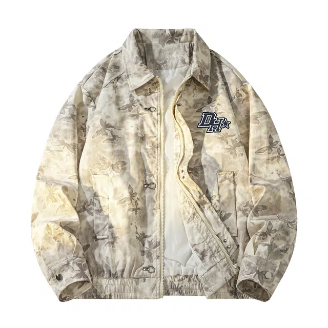 敦煌博物馆 新中式国风扎染蝴蝶满印翻领设计舒适宽松字母万针刺绣休闲高街痞帅百搭大码学院风夹克外套 男女同款