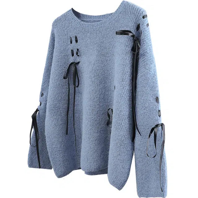 丝柏舍 圆领撞色蝴蝶结系带宽松款套头休闲落肩长袖针织衫 女款