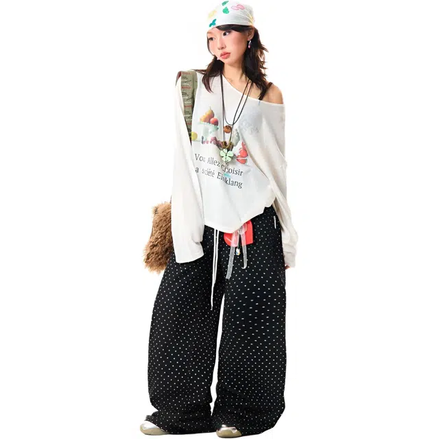 柏黛妃 抽绳波点牛仔裤女宽松直筒裤子美式复古阔腿裤拖地裤垂感休闲裤 女款