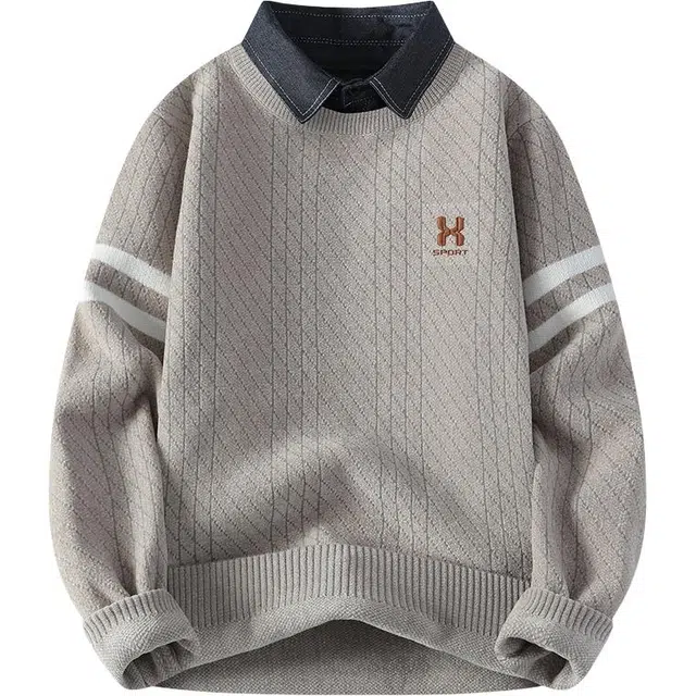 百胜狐 百胜狐衬衫领男秋冬款假两件男内搭青少年高级感条纹毛线衣外套针织衫 男款