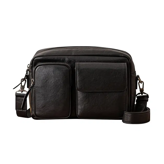 后步 小众原创高级感潮流时尚百搭背包 牛皮 斜挎包 中号 男款 黑色