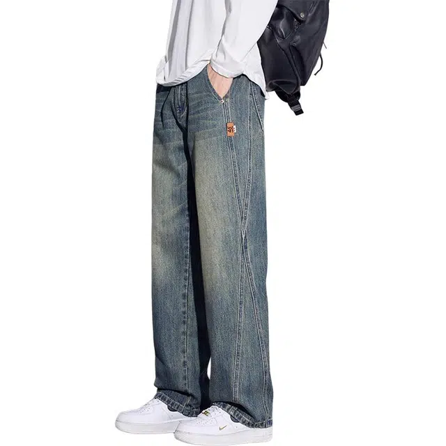 协协乐 美式复古拼接男士春季季水洗宽松直筒潮牌阔腿拖地裤青少年高街机能风休闲长裤子牛仔裤 男款