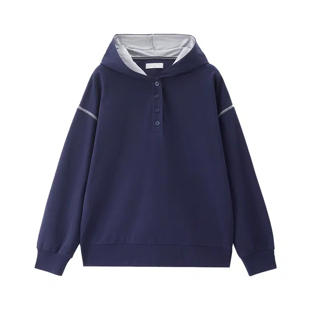 佐丹奴 纯棉撞色明线连帽半开襟针织卫衣 女款