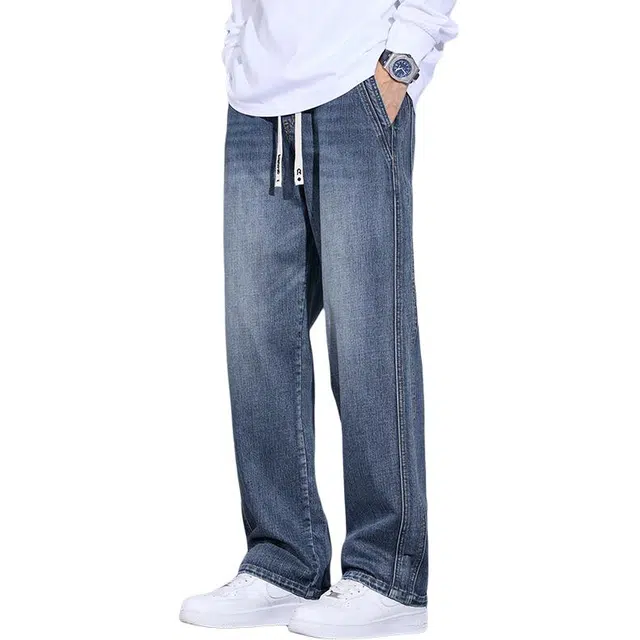 么宁 美式高街个性潮牌宽松直筒裤简约百搭抽绳松紧腰舒适透气休闲阔腿牛仔裤 男女同款