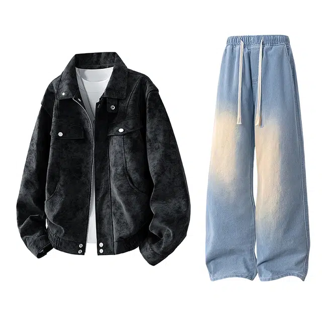 【绒感雾花皮外套裤子一套】布客行 机车风高街扎染色美式复古上衣夹克直筒水洗做旧微喇基础款松紧腰抽绳牛仔裤休闲运动套装 男女同款