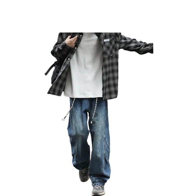 港仔文艺男 美式复古水洗做旧拼接解构褶皱磨痕设计撞色抽绳垂感直筒裤休闲百搭简约宽松牛仔裤  男女同款