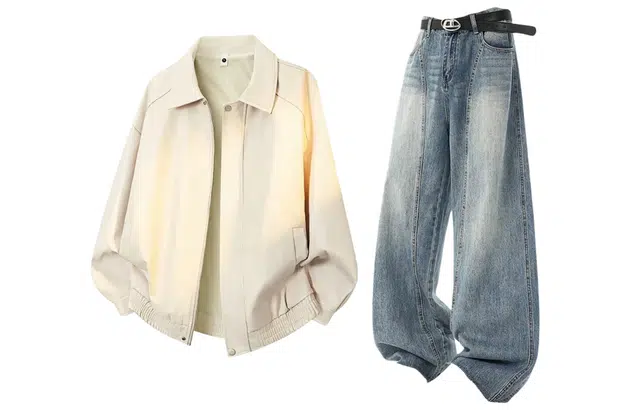 梓润格 秋季皮衣韩系港风高级感百搭经典宽松简约防风夹克外套拖地牛仔裤高街阔腿直筒设计感弯刀裤休闲运动套装 男女同款