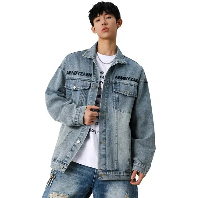 佐菲利 美式复古水洗牛仔外套潮流刺绣痞帅宽松工装上衣夹克 男女同款