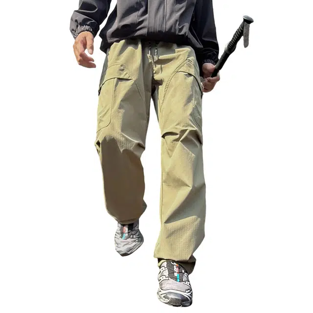 顶峰保罗 美式户外登山大口袋工装防风防水无性别主义山系骑行纯色褶皱伞兵运动直筒长裤弹力抽绳阔腿垂感百搭显高显瘦休闲裤 男女同款