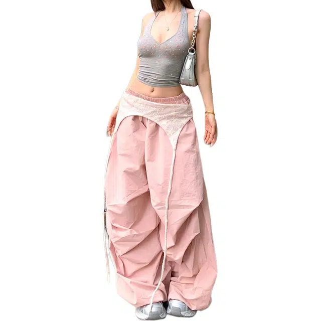 柏黛妃 爵士舞彩色裤子女叠穿绑带设计感伞兵裤宽松阔腿裤潮休闲裤 女款