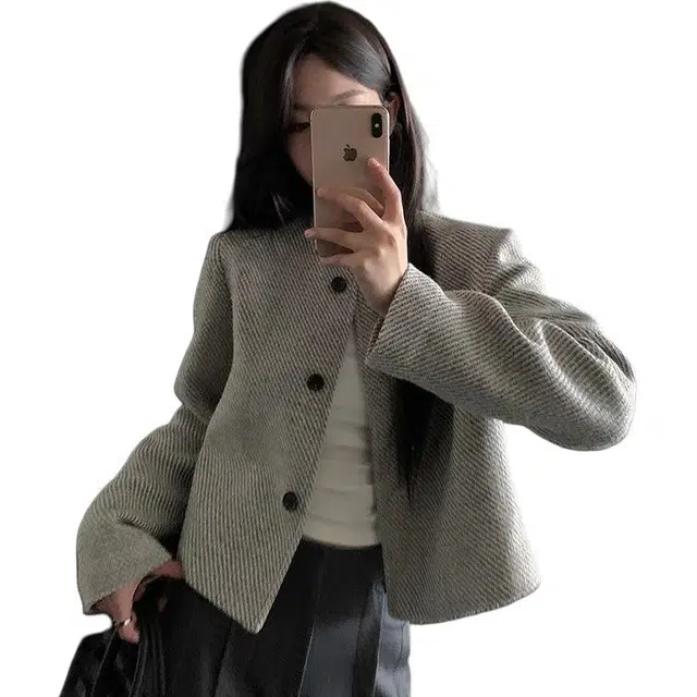 哒头下雨不愁 复古圆领宽松毛呢小香风短款上衣西装 女款