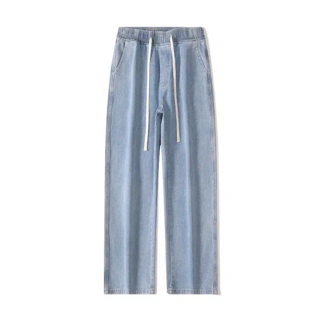 欧迪芬 基础款 宽松直筒垂感高街学院风通勤情侣百搭显高显瘦高级感休闲潮流做旧水洗抽绳褶皱舒适设计牛仔裤 男女同款
