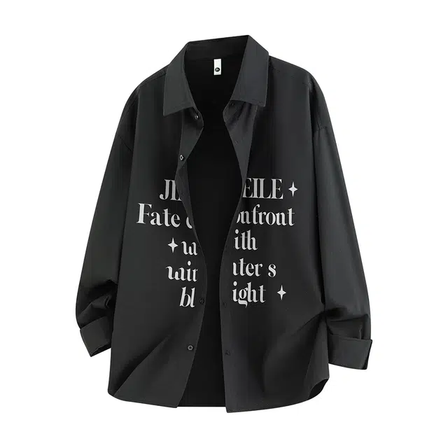 金贝勒 美式高街字母印花基础款简约纯色潮流时尚翻领衬衣经典无性别主义学院风长袖衬衫 男女同款