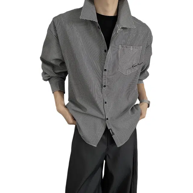 拓菲 日系复古条纹刺绣长袖休闲宽松衬衣外搭开衫修身上衣衬衫男款 男女同款