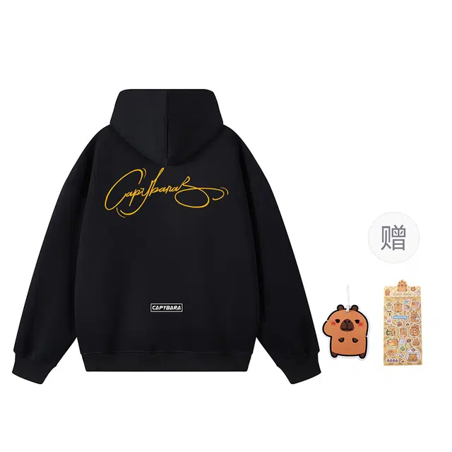 卡皮巴拉小黄豚 美式复古重磅高街手写字母设计百搭潮流休闲宽松舒适运动拉链开衫外套春秋季学生党日常出行随性穿搭连帽卫衣 男女同款