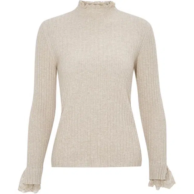 两三事 青衫 简约甜美文艺优雅温柔气质百搭修身显瘦保暖舒适柔软百搭蕾丝高领长袖上衣针织衫 女款