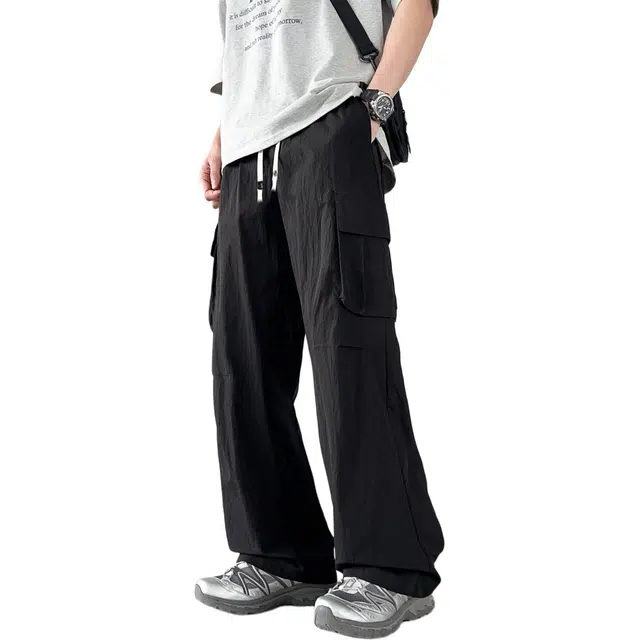 敦煌博物馆 美式复古多口袋纯色简约基础工装长裤直筒阔腿垂感显高显瘦透气轻薄松紧抽绳百搭运动情侣休闲裤 男女同款