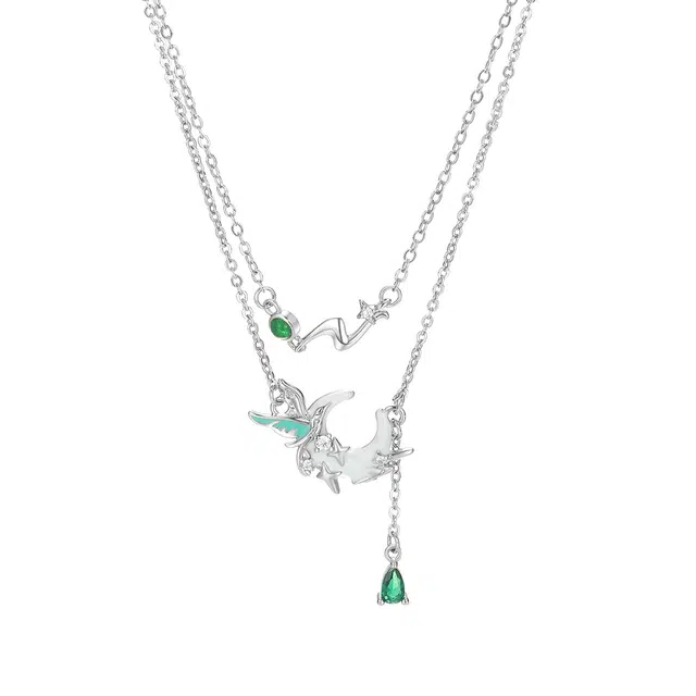 珂里 简约清新青鸟逐月女小众轻奢流苏吊坠双层叠戴设计感温柔冷淡风锁骨链毛衣链 合成立方氧化锆 项链 女款