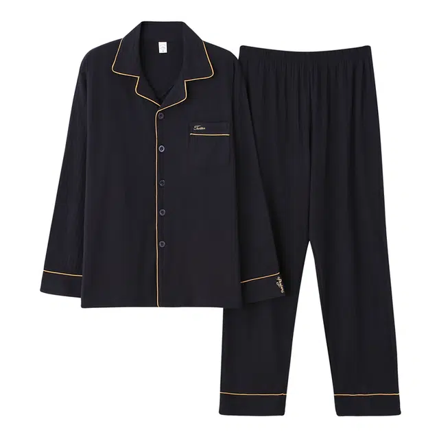 俏佳人 纯色基础开衫翻领简约休闲亲肤舒适透气可外穿家居服长袖长裤睡衣套装 男款