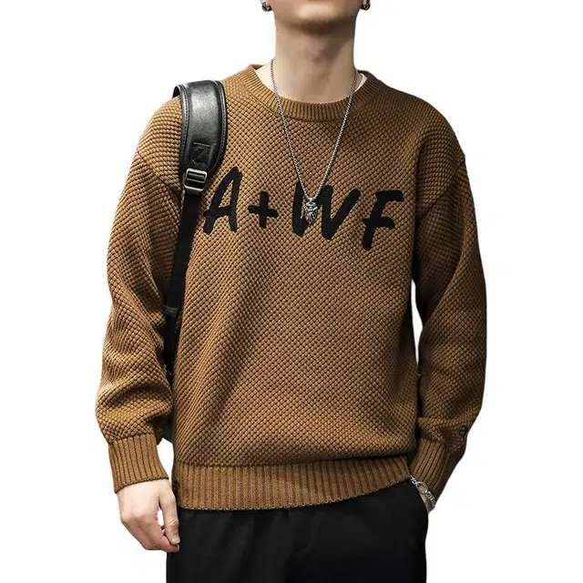 前进牛 秋季美式休闲复古潮牌字母印花提花上衣运动学院风雅痞重磅宽松打底衫圆领套头休闲外套针织衫 男款