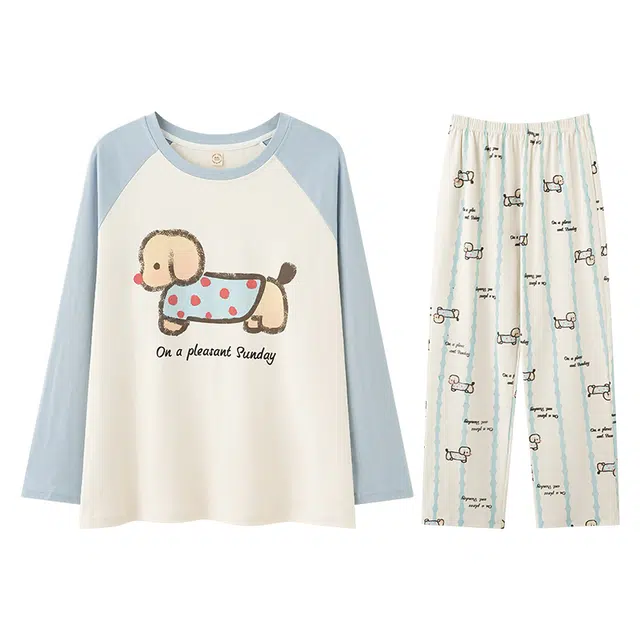 向薇 女春夏秋冬季圆领纯棉长袖长裤甜美可爱女士卡通家居服睡衣套装 女款