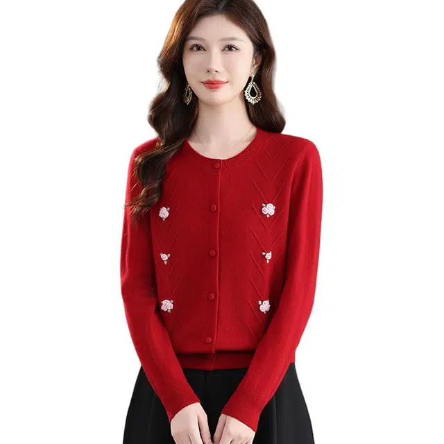 袋鼠 优雅气质舒适简约宽松圆领质感绣花纯色套图羊毛打底针织衫 女款