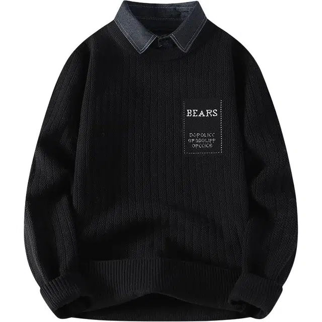 百胜狐 百胜狐高级感假两件秋冬季加厚保暖线衣服男士衬衫领打底针织衫 男款