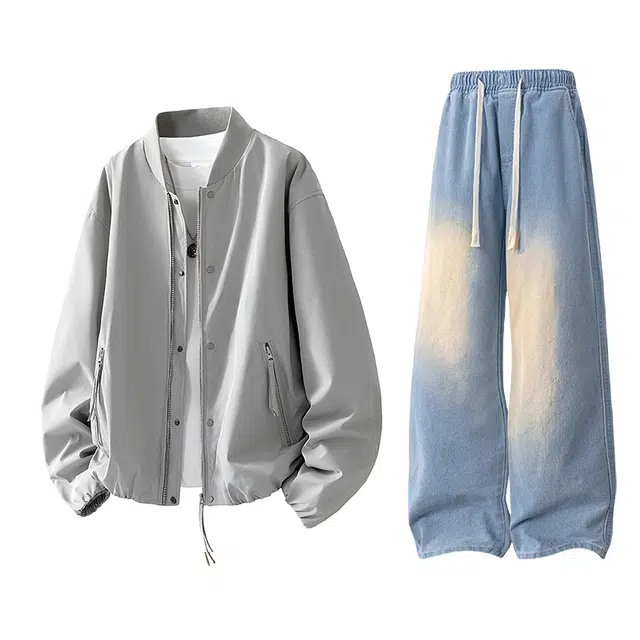 【防泼水外套裤子一套】布客行 棒球领美拉德美式复古纯色高街上衣夹克直筒水洗做旧微喇基础款抽绳松紧腰牛仔裤休闲运动套装 男女同款