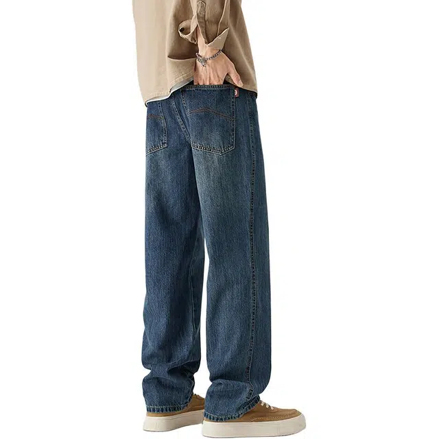 潮人榜 美式高街简约复古做旧水洗长裤子秋冬款潮牌百搭宽松直筒休闲潮流时尚阔腿牛仔裤 男女同款