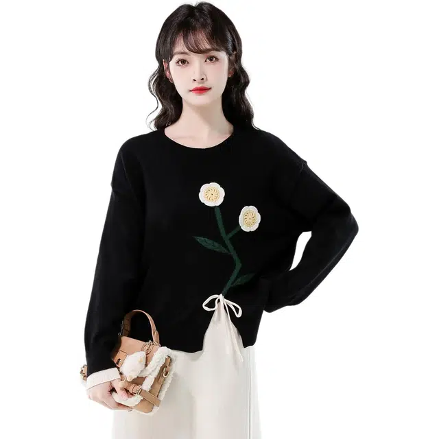 黛尔佳人 大码女装胖妹妹秋装开叉慵懒风高级感宽松显瘦上衣针织衫 女款