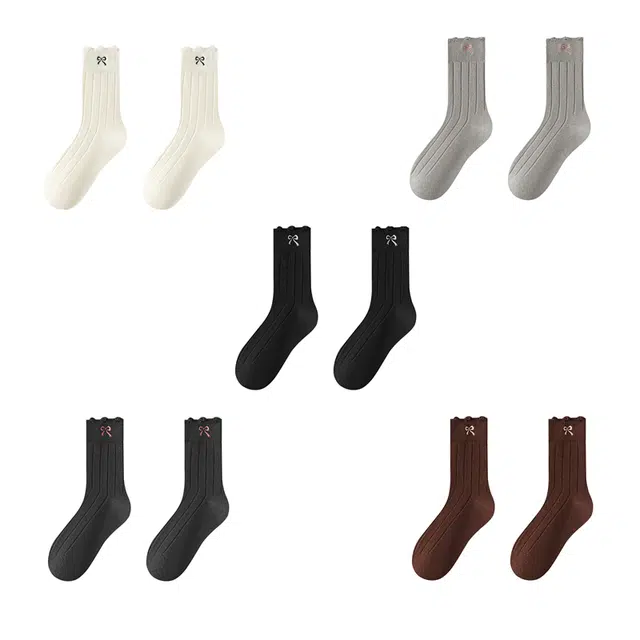 俏佳人 秋冬纯色条纹蝴蝶结亲肤柔软吸汗透气高弹舒适保暖中筒袜 女款