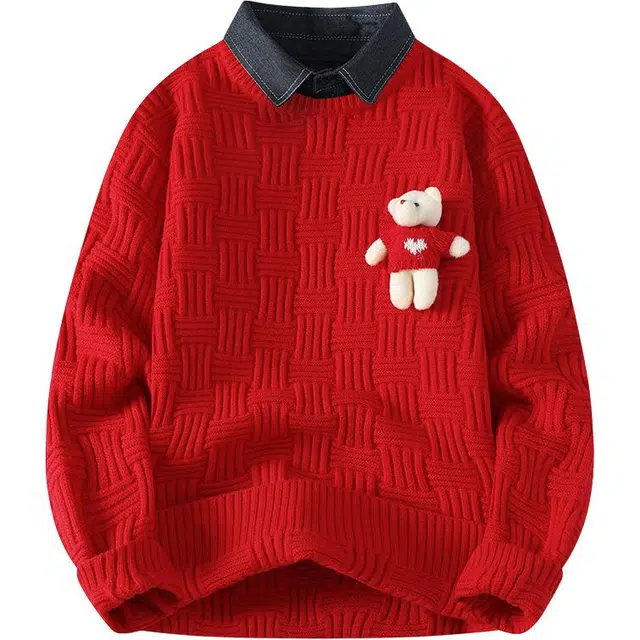 百胜狐 百胜狐立体小熊假两件男冬季本命年衬衫领内搭打底衫针织衫 男款