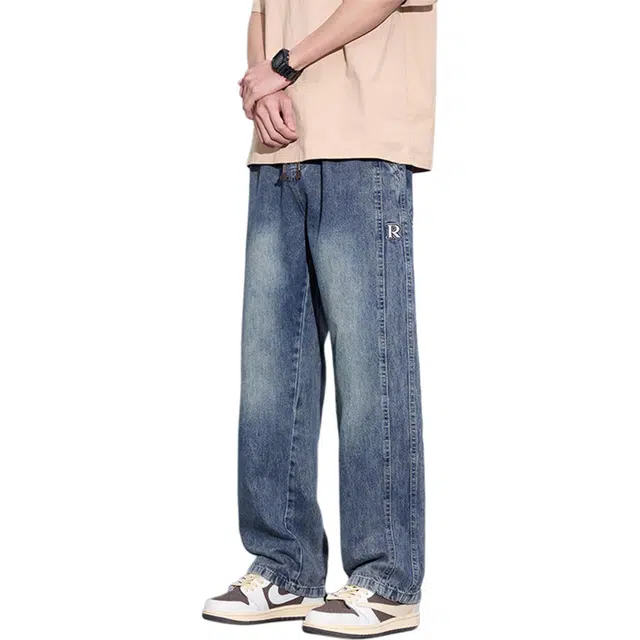 瑞梵帝斯 美式复古风纯色基础款垂感舒适水洗休闲阔腿版型时尚百搭日常通勤抽绳亲肤简约中腰潮牌长裤宽松直筒牛仔裤 男款