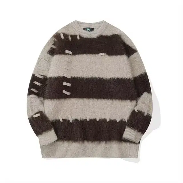 洞洞拐 软糯水貂绒条纹撞色宽松设计感小众慵懒风上衣针织衫 男女同款