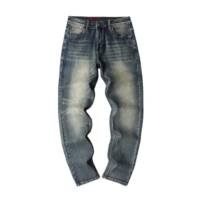 假日伯爵 美式复古高品质秋季款微弹潮流耐磨水洗猫须修身直筒日常通勤简约纯色基础款显瘦显高男士长裤牛仔裤 男款