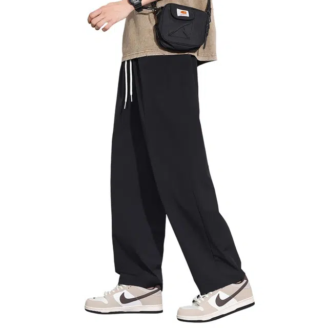 顶峰保罗 美式潮牌弹力抽绳显高显瘦直筒卫裤无性别主义宽松大码运动阔腿工装长裤纯色简约百搭高街休闲裤 男女同款