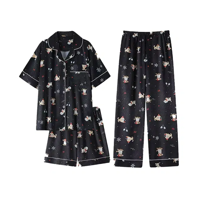 顶瓜瓜 冰丝短袖短裤长裤翻领开衫可爱卡通波点小狗三件套家居服夏季睡衣套装 女款