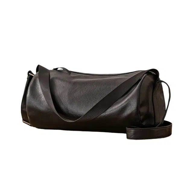 后步 复古简约纯色高级通勤 牛皮 圆筒包单肩斜挎手提包 大号 男款 黑色