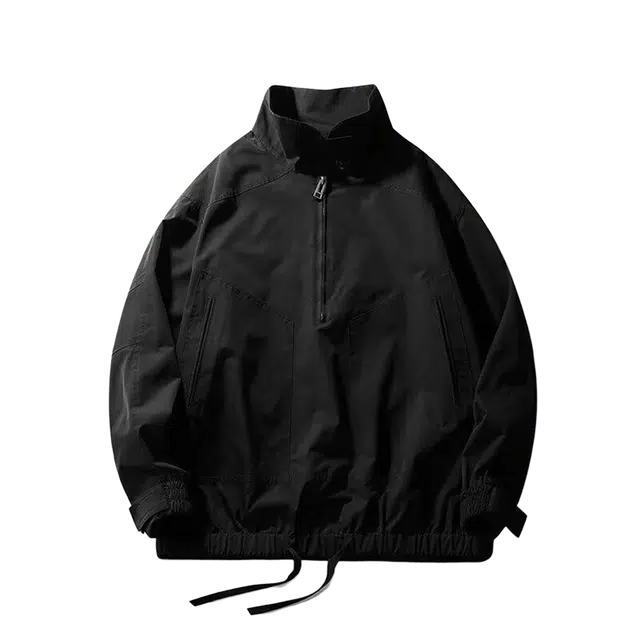 一碗士多 美式复古高街小众百搭纯色简约立领袖口褶皱下摆松紧设计户外登山徒步防风防水机能个性时尚夹克 男女同款