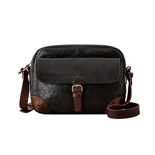 后步 小众原创设计复古质感通勤休闲撞色 牛皮 单肩包 常规 男款 黑色