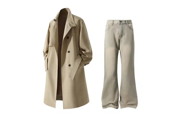 空白町 复古美拉德色系风衣大衣户外套牛仔裤子两件套法式慵懒感英伦风高街腰带简约宽松潮流休闲运动套装 男女同款