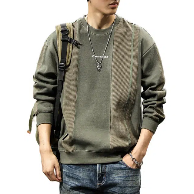 前进牛 秋冬美式休闲复古潮牌老钱风痞帅拼接撞色套头打底衫卫衣男潮流森系风百搭宽松大码圆领长袖休闲针织衫 男女同款