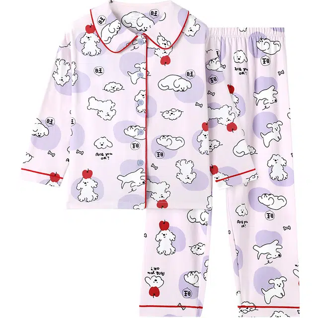 久岁伴家居服套装 纯棉对襟娃娃领长袖翻领常规休闲风分体式长裤青少年