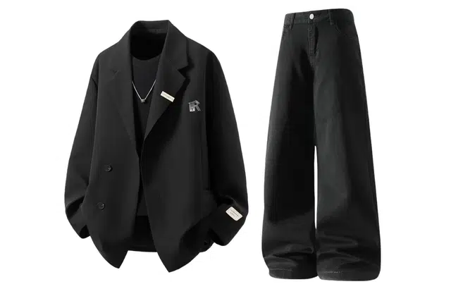 梓润格 秋季港风高级双开衩设计感金属搭扣装饰飒酷西服外套基础简约时尚百搭微喇弹力牛仔裤西装套装 男女同款