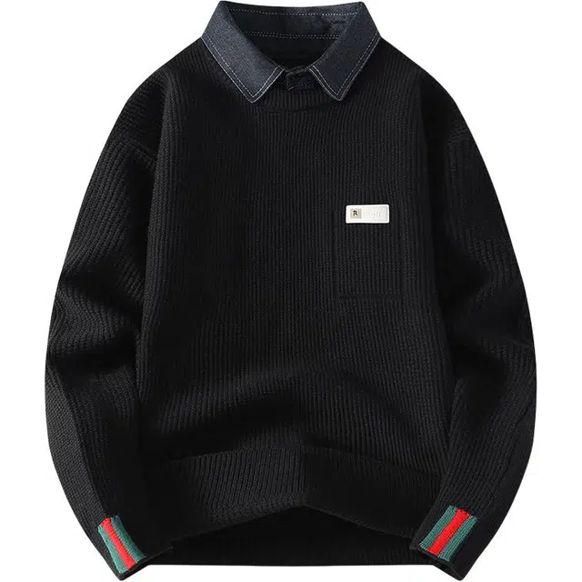 百胜狐 百胜狐衬衫领男秋冬季加厚潮牌假两件男高级感保暖内搭毛线衣针织衫 男款