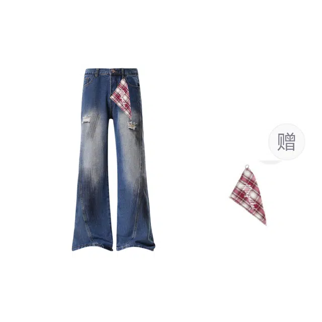 明尼凯 美式复古泼墨抓痕设计做旧水洗破洞毛边满印磨白解构高级感炸街潮牌宽松百搭潮流痞帅直筒显高显瘦牛仔裤 男女同款