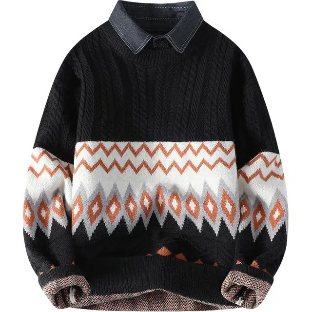 百胜狐 百胜狐假两件秋冬季加厚保暖线衣条纹衬衫领长袖针织衫 男款